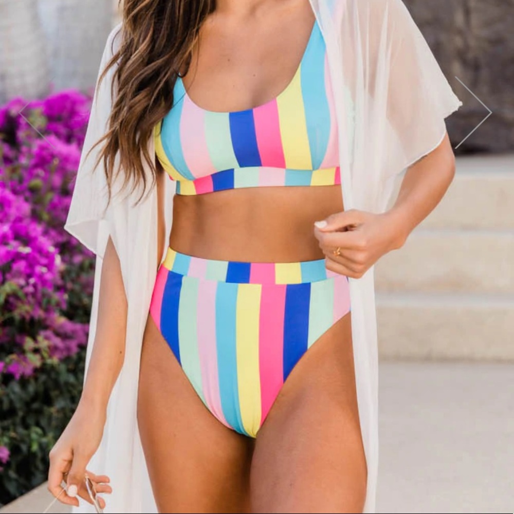 PINK LILY Rainbow Dreams Rainbow Stripe High Waisted Bikini Top & Bottoms XS